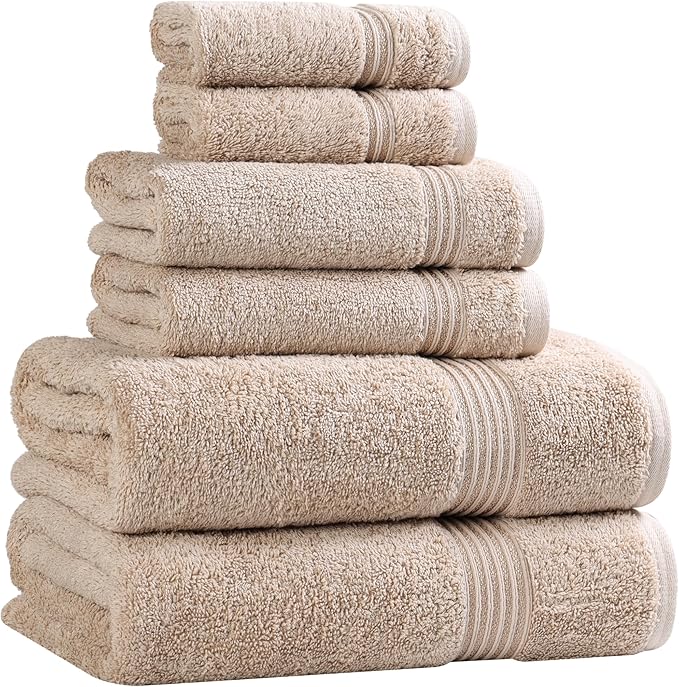Superior Egyptian Cotton 6-Piece Towel Set, Bathroom Essentials, Towels For Bathroom, Apartment, Airbnb, Guest Bath, Face, Hand, Bath Towels, Washcloths, Absorbent, Fast Drying, Taupe
