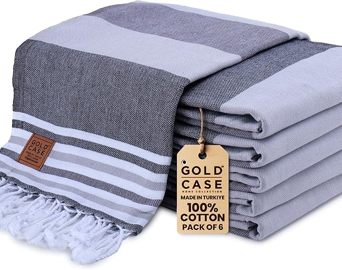 Gold CASE Turkish Beach Towel Set of 6 – 100% Cotton Large Turkish Bath Towels 70 x 38'' – OLYMPOS Oversized, Quick Dry & Sand Free Beach Towel – Lightweight Towels Set - Black