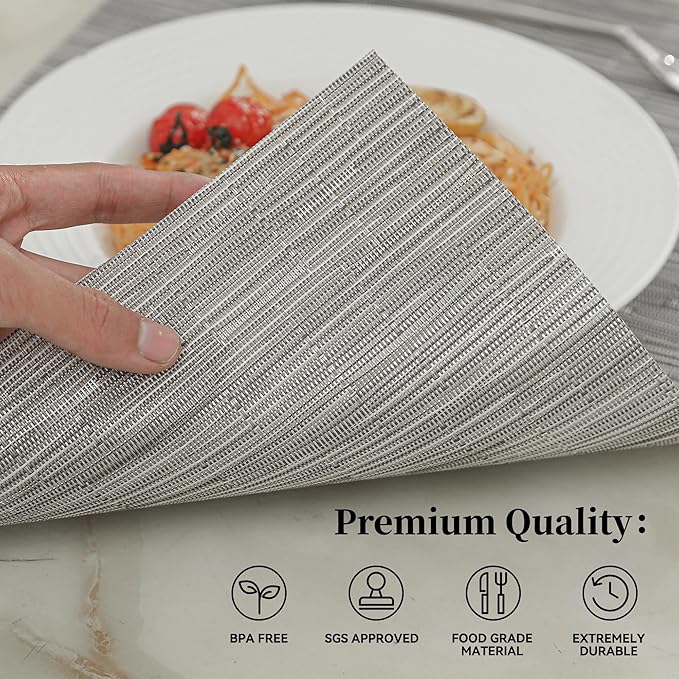 Leetaltree Silver Placemats Set of 8 - Heat Resistant Non-Slip Place mats for Dining Table, Washable Durable PVC Vinyl Woven Table Mats（Silver, 8）