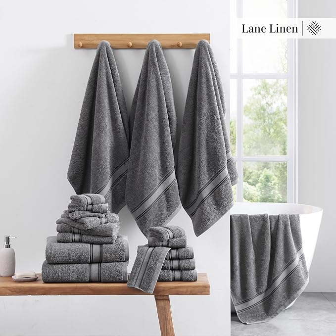 LANE LINEN 100% Ring-Spun Cotton Bath Towels Set of 18 – Zero Twist, 6 Bath, 6 Hand Towel & 6 Washcloths, Soft, Ideal for Spa Hotel & Home, Gentle on Body, Durable After Multiple Washes – Cool Grey