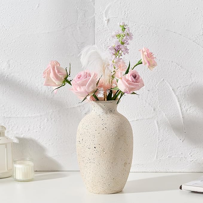 Ceramic Rustic Flower Vase, 8.38 Inch Vintage Pottery Home Decor, Antique Farmhouse Terracotta Vase for Living Room, Table, Shelf, Mantel Decoration, Farmhouse - Off-White