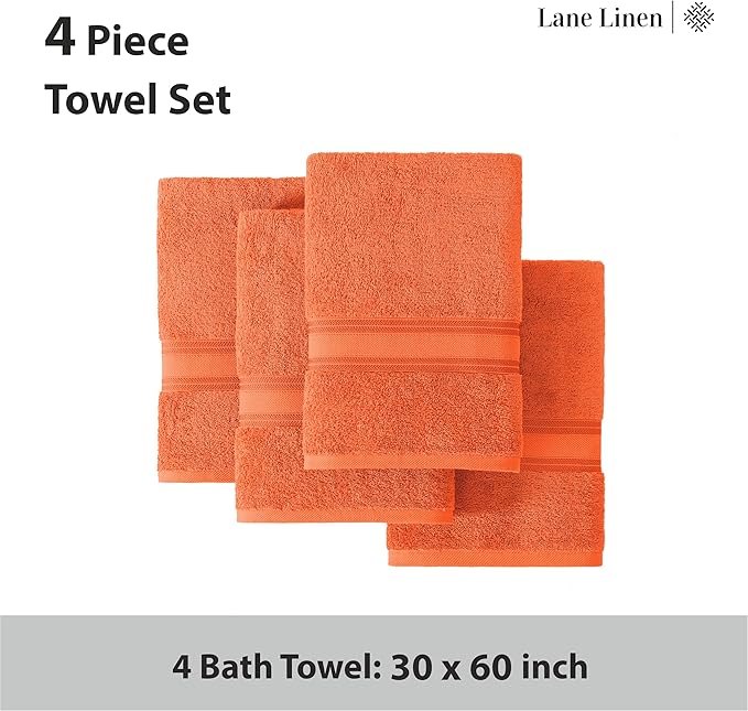 Lane Linen 100% Cotton 4 Pack Bath Towels (30"x60") - Zero Twist, Mercerized Cotton Towels Set for Bathroom - Quick Dry, Soft & Absorbent Large Bath Towel Set - Salon, Spa & Hotel Quality - Tiger Lily
