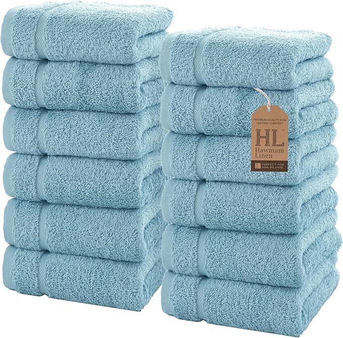 Hawmam Linen Luxury Cotton Washcloths 13x13 Inch - Large Hotel Spa Bathroom Face Towel | 12 Pack | Light Blue