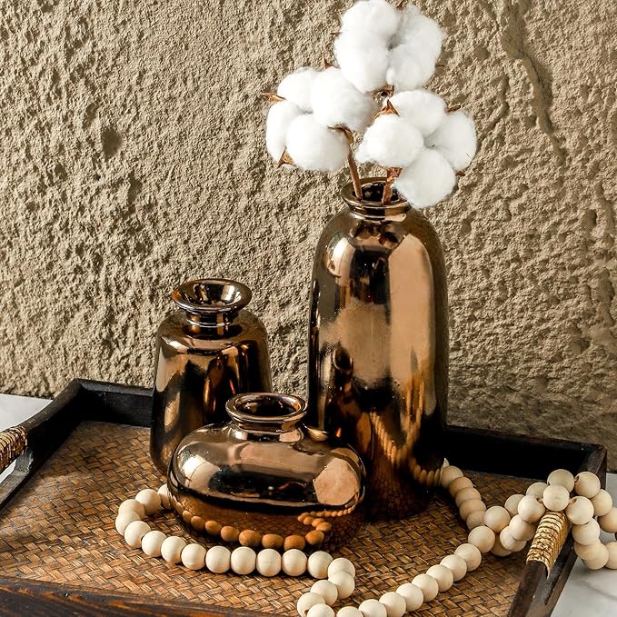 Ceramic Vase Set of 3,Brown Modern Farmhouse Pottery Vases, Neutral Rustic Vases for Pampas Grass, Dried & Fresh Flowers - Ideal for Bedroom, Living Room, Bookshelf, Mantel, Centerpiece Table Decor