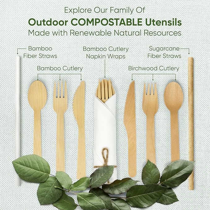 Premium Pre-Rolled Napkin and Bamboo Cutlery Set (100 Pack, 400 PCS) 100% Biodegradable, Eco-Friendly, Disposable Wrapped Cutlery - Includes Pre-Wrapped Bamboo Forks, Knives, Spoons, Napkins