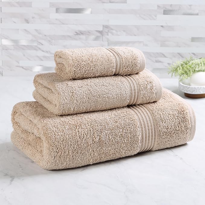 Superior Egyptian Cotton 3-Piece Towel Set, Basic Towels For Bathroom, Home Decor, Guest Bath, Shower, Apartment, Included 1 Face, 1 Hand, 1 Bath Towel, Washcloth, Quick Dry, Taupe