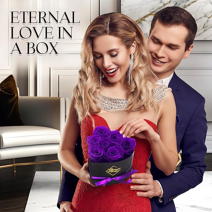 GLAMOUR BOUTIQUE 7 Flower Forever Heart Shape Box - Preserved Roses Gift for Her, Preserved Flowers, Purple