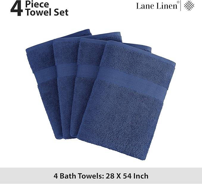 LANE LINEN 100% Cotton 4 Pack Bath Towels (28"x54") - Ring Spun Mercerized Cotton Towels Set for Bathroom - Quick Dry, Soft & Absorbent Large Bath Towel Set - Dorm Essentials for Boys - Navy Blue
