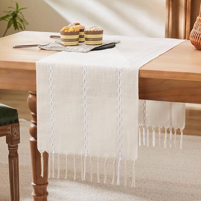 Braided Farmhouse Table Runner, Braided Beige 13x36 Inch, Cotton Linen Table Runners 36 Inches Long, Embroidered Striped Beige Boho Table Runner Rustic Home Decor
