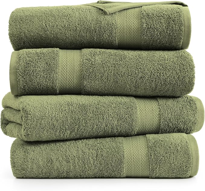 Lane Linen 100% Cotton 4 Pack Bath Towels (28"x54") - Zero Twist, Mercerized Cotton Bathroom Towels Set - Quick Dry, Very Soft & Absorbent Large Bath Towels - Tumble Dry Regains Fluffiness - Oil Green