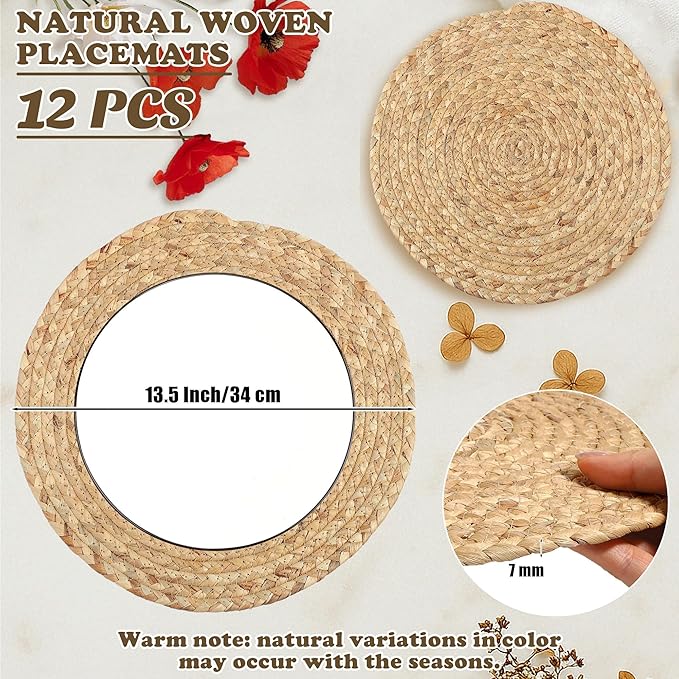 Set of 12 Round Woven Placemats 13.5-Inch Natural Water Hyacinth Plant Placemats Hand-Woven Boho Rattan Placemat Wicker Weave Table Mats for Home Dinner Plates Holiday Supplies
