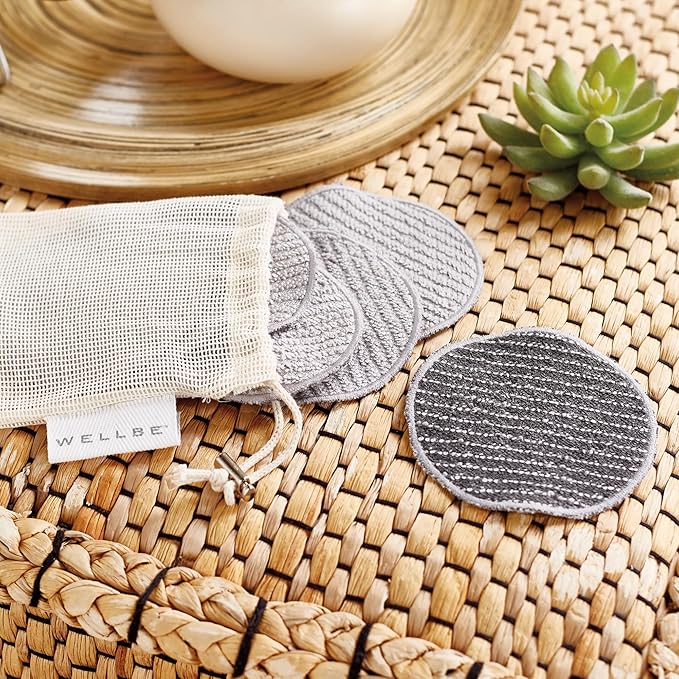 Wellbe Reusable Face Pads 7 Pc, Washable Charcoal Cotton Rounds, Grey