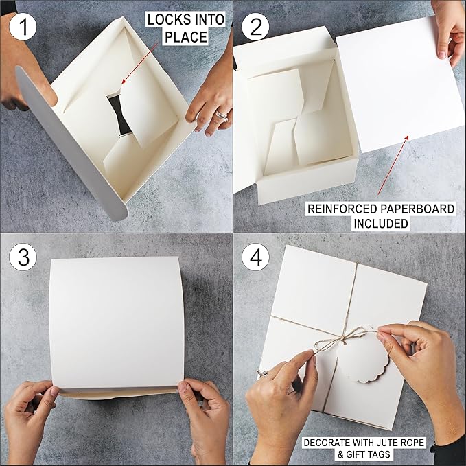White Gift Boxes (Pack of 10) Size 8x8x4 Inches, Thick Paper Boxes with Lids, Tags & Jute Rope for Bridesmaid Proposals, Wedding Presents, Birthday Party Favor, Baby Shower and Christmas