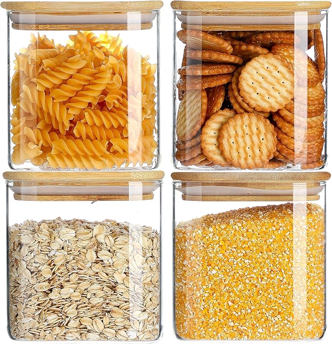Glass Food Storage Containers with Lids 4 Pack, 4 Inch Wide Mouth 25 Oz High Borosilicate Glass Jars for Coffee Bean, Candy, Cookie, Flour, Square