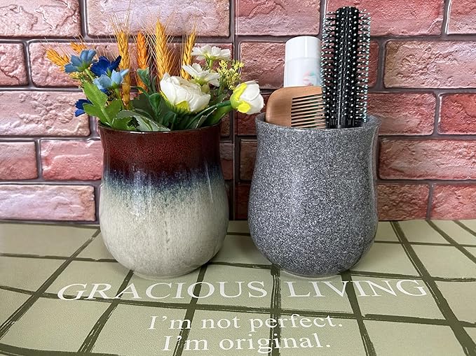 Medium Ceramic Kitchen Utensil Holder for Kitchen Counter Short Cooking Utensil Holder for Countertop Spatula Holder Small Utensil Crock Cutlery Holder Silverware Caddy Flower Vase (Volcanic Ash Grey)