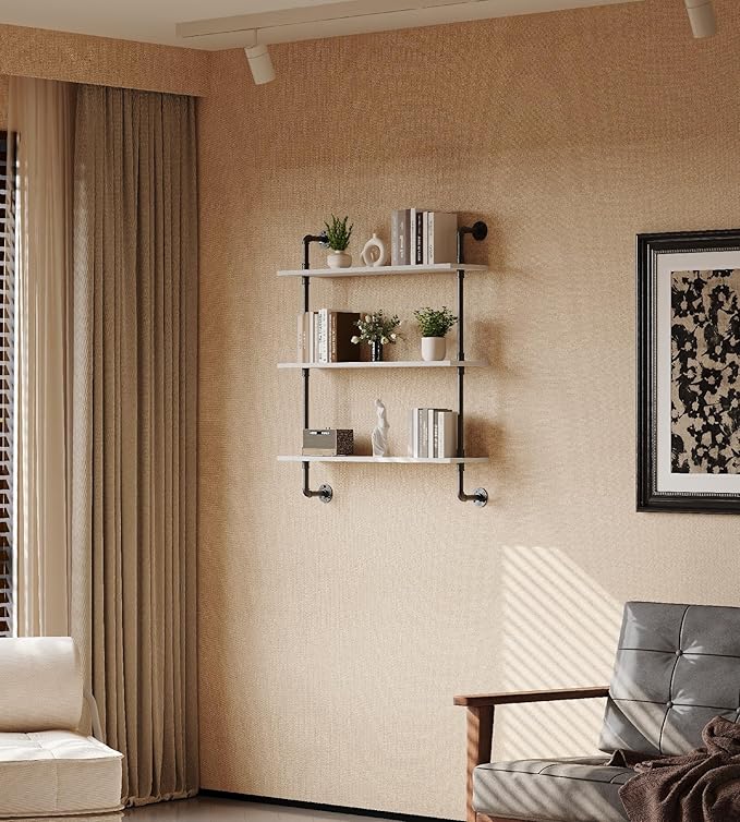 3-Tier Industrial Pipe Floating Shelf – Rustic 24 inch Wood Wall-Mounted Storage Shelf for Kitchen Office,Bathroom & Home Decor -White