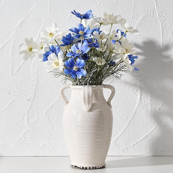White Ceramic Vase with 4 Handles, 10.16" Tall Retro Ice Cracked Flower Vase, Antique Vases for Modern Farmhouse Home Decor, Wedding, Living Room, Table, Shelf Decor, Cracked White