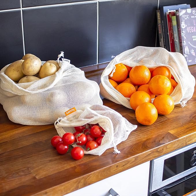 17 Reusable Cotton Mesh Produce Bags - 100% Organic Cotton, Durable, Double Stitched, Washable with Tare Weight & Drawstring - Mesh Bags for Grocery Shopping, Vegetables & Fruits, produce bgs 4 sizes