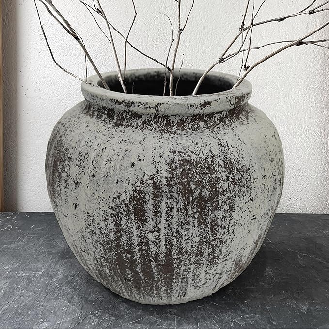 Oakrain Large Rustic Minimalist Vase, 11" Distressed Round Floor Vase for Home Decor, Farmhouse Centerpieces Planters for Living Room Indoor Outdoor Use, Gray