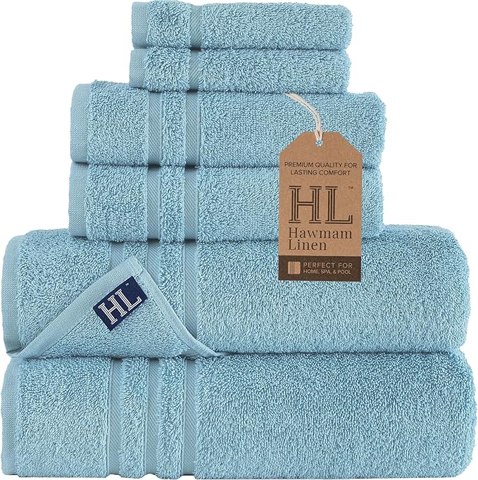 Hawmam Linen Light Blue 6 Piece Bath Towels Set for Bathroom Original Turkish Cotton Soft, Absorbent and Premium 2 Bath Towels, 2 Hand Towels, 2 Washcloths