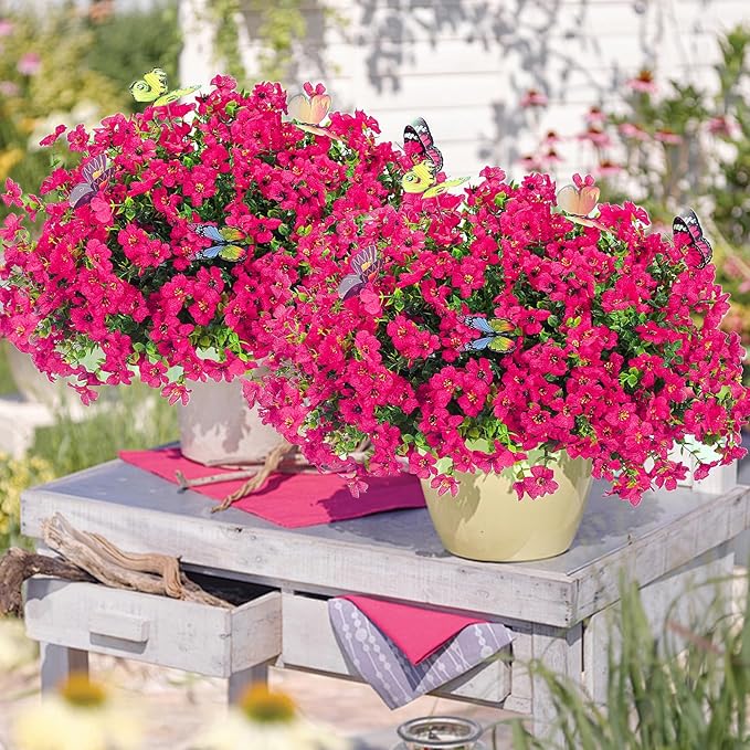 20 Bundles Artificial Flowers for Outdoors‌ with 6 Faux Butterflies, UV Resistant Fake Flowers‌ with Eucalyptus Leaves, Artificial Plants Outdoor‌ for Patio Garden Porch Home Decor (Rose Red)