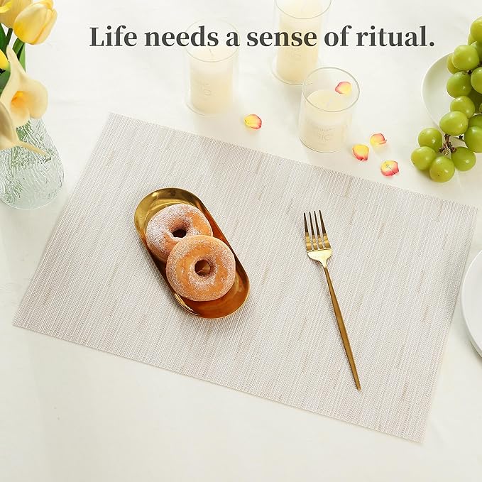 Leetaltree Pale Beige Placemats Set of 12 - Heat Resistant Non-Slip Place mats for Dining Table, Washable Durable PVC Vinyl Woven Table Mats（Pale Beige, 12）