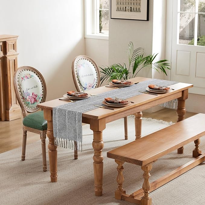 Braided Farmhouse Table Runner, Braided Charcoal 13x36 Inch, Cotton Linen Table Runners 36 Inches Long, Embroidered Striped Charcoal Boho Table Runner Rustic Home Decor