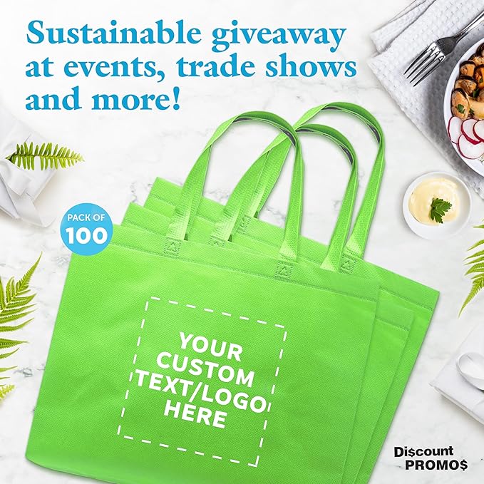DISCOUNT PROMOS Custom Jumbo Sized Tote Bags Set of 100, Personalized Bulk Pack - Reusable Grocery Bags, Shopping Bags, Promotional Item Totes for Women - Lime Green
