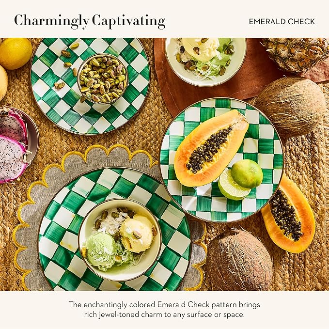 MACKENZIE-CHILDS Enamel Everyday Bowl, Serving Bowl for Entertaining, Extra Small, Green-and-White Emerald Check