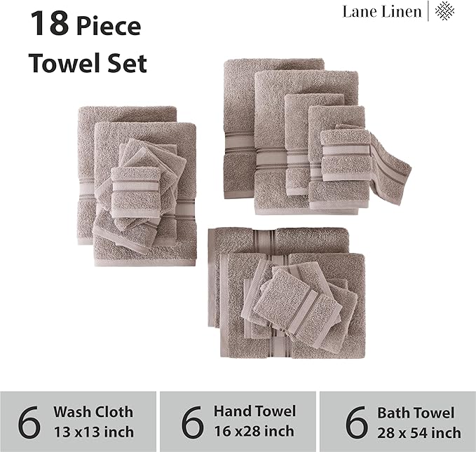 LANE LINEN 100% Ring-Spun Cotton Towels Set 18 – Zero Twist, 6 Bath Towels, 6 Hand Towel & 6 Washcloths, Stays Plush After Washes, Ideal for Spa, Hotel & Family Bathrooms, Highly Absorbent – Platinum