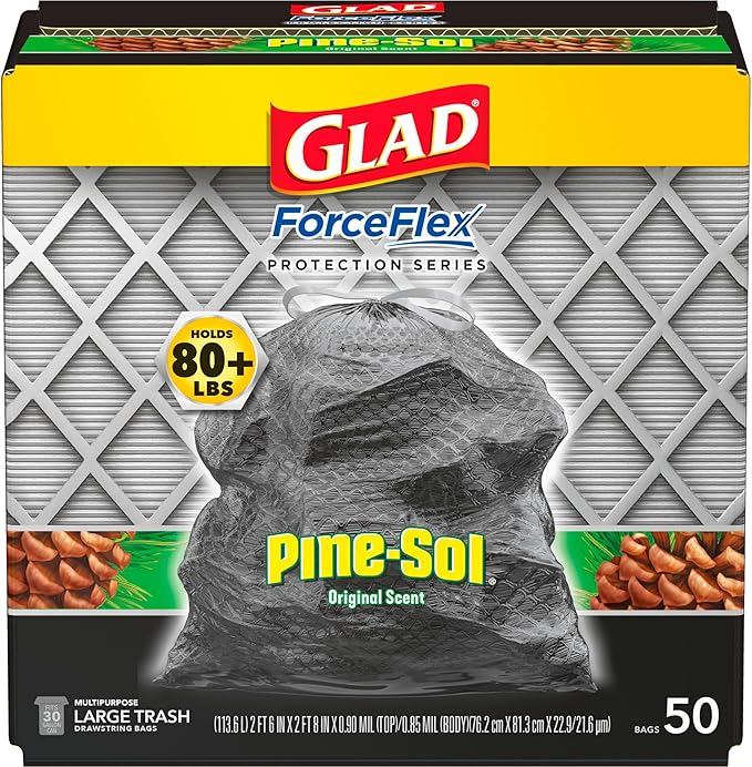 Glad Large 30 Gallon Trash Bags, Pine-Sol Heavy Duty Garbage Bags, Forceflex with Drawstring, 50 Count (Packaging May Vary)