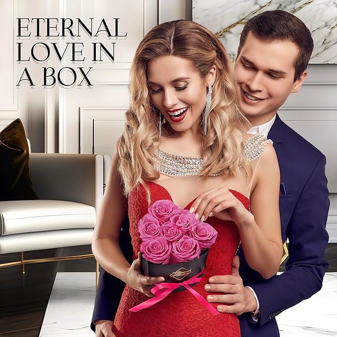 GLAMOUR BOUTIQUE 7 Flower Forever Heart Shape Box - Preserved Roses Gift for Her, Preserved Flowers, Pink