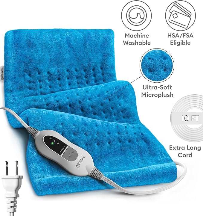 GENIANI Electric Throw - XL Heating Pad for Back Pain & Menstrual Pain Relief, Auto Shut Off, Machine Washable, Moist Heat Pad for Neck and Shoulder, Cramps Relief, 12'‘×24’’ (Aqua Blue)