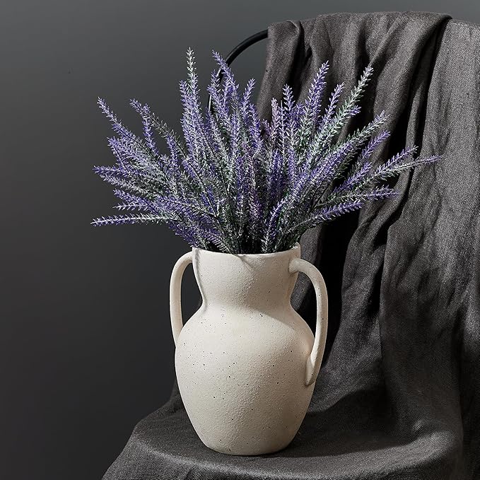 White Ceramic Rustic Vase with 2 Handles, Farmhouse Round Flower Vase, Vintage Terracotta Vases for Home Decor, Wedding, Living Room, Table, Shelf Decor - 8.6 Inch Tall, Speckled White