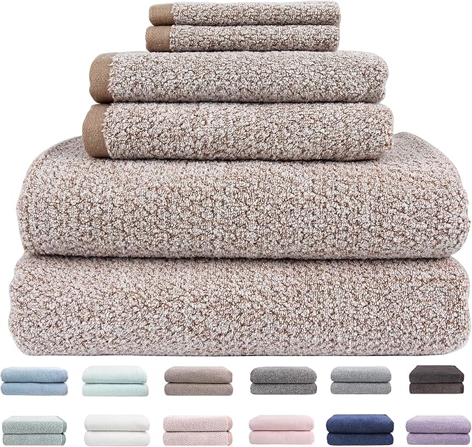 Everplush Diamond Jacquard 6 Pieces Bath Towel Set, Luxury Super Soft Oversized Towels, Highly Absorbent Diamond Jacquard Quick Dry Bath Towel for Bathroom Brown Towels