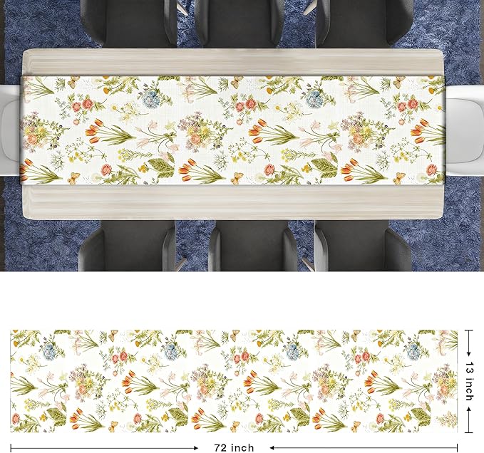 Floral Table Runner, Modern Art Farmhouse Runners 13x72 Inches Long for Dining Tables Decor, Cottagecore Style, Party and Home Decoration