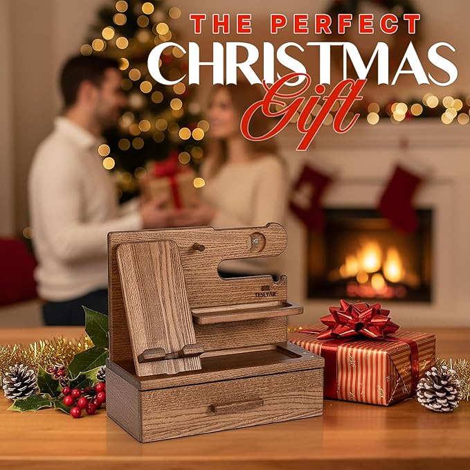 TESLYAR Wood Phone Docking Station with Drawer - Nightstand Organizer - Desk Organizer for Husband - Birthday Gifts for Men, Dad, Anniversary Idea, Key Holder Stand Watch & Accessories (Earth Beige)