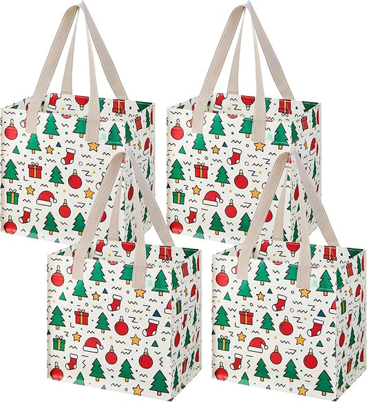 VENO 4 Pack Christmas Reusable Grocery Bags, Heavy-Duty Shopping Bags with Handles, for Shopping Cart with Hard Bottom to Stand Upright, Foldable (Jingle Mix, 4 Pack)