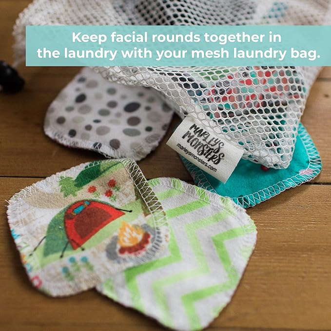 Marley's Monsters Facial Rounds 20 Count Pack + Laundry Bag - Soft and Reusable Cotton Rounds (Black)