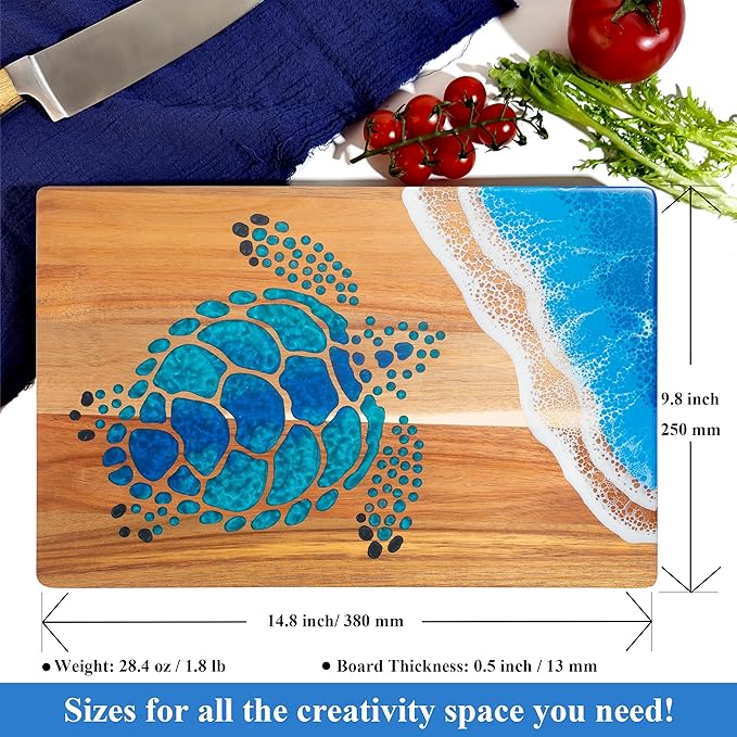 Acacia Wood Cutting Board With Blue Resin Wave & Sea Turtle Epoxy Resin Ocean Pan for Kitchen Meal Prep Serving Tray Versatile Cheese & Charcuterie Board for Meat Vegetable Gift 15*10 inch
