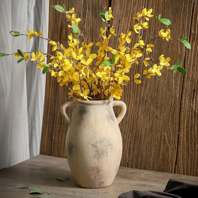 Ceramic Vase with Handles, 9.05 inch Tall Terracotta Decorative Pottery Flower Vase for Home Farmhouse Decor, Dining Table, Living Room, Kitchen, Office