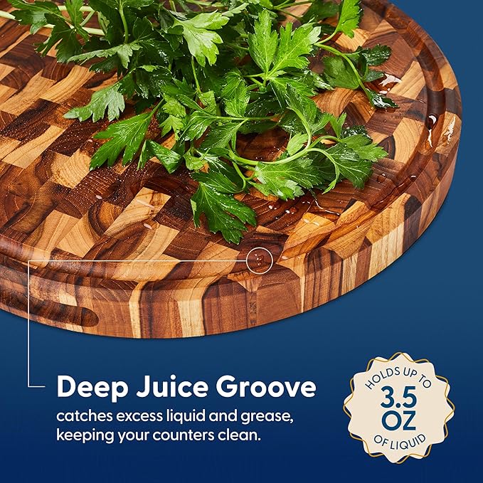 Sonder LA, End Grain Teak Wood Cutting Board 15" Round 1.5" Thick with Juice Groove and Built-in Handles, Charcuterie Serving Board (Gift Box Included)