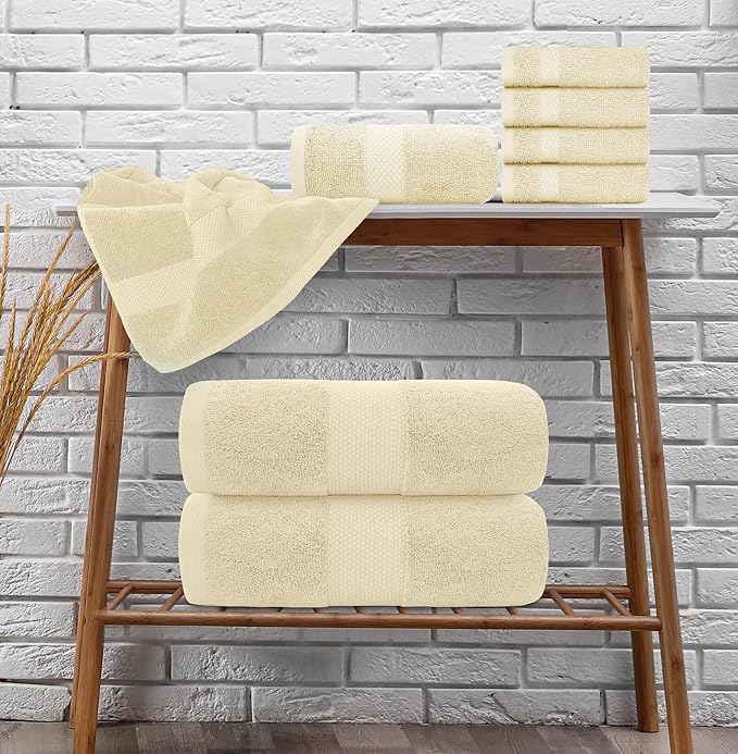 White Classic Luxury Bath Towel Set of 8 Pieces - 100% Turkish Cotton Highly Absorbent Towels for Bathroom, 2 Luxury Bath Towels 700GSM, 2 Hand Towels, 4 Washcloths, Beige