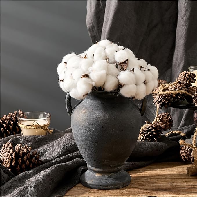 Ceramic Rustic Flower Vase with Handles, 8.36 Inch Tall Vintage Pottery Home Decor, Farmhouse Terracotta Vase for Living Room, Table, Shelf, Mantel Decoration, Farmhouse- Black