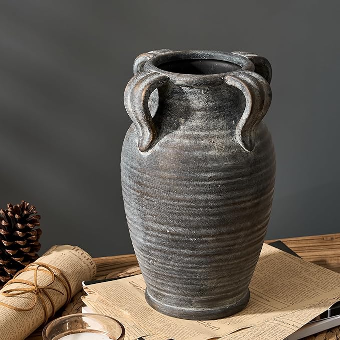 Handmade Ceramic Vase with 4 Handles, 10.83" Tall Farmhouse Rustic Terracotta Flower Vase, Vintage Vases for Home Decor, Wedding, Living Room, Table, Shelf Decor, Black Bronze