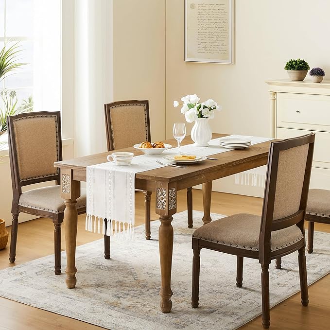 Christmas Table Runner, White 13x36 Inch, Hemstitched Farmhouse Cotton Linen Boho Table Runners 36 Inches Long, Embroidered Striped Rustic Home Decor