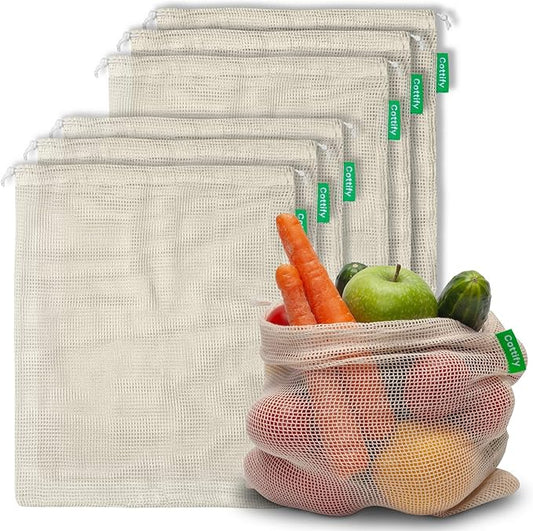 6 Reusable Produce Bags Grocery Washable | Organic Cotton Mesh Produce Bags | Double-Stitched & Tare Weigh | Mesh bags for vegetables | Cotton Produce Bags Reusable Washable | Produce bag (M size)