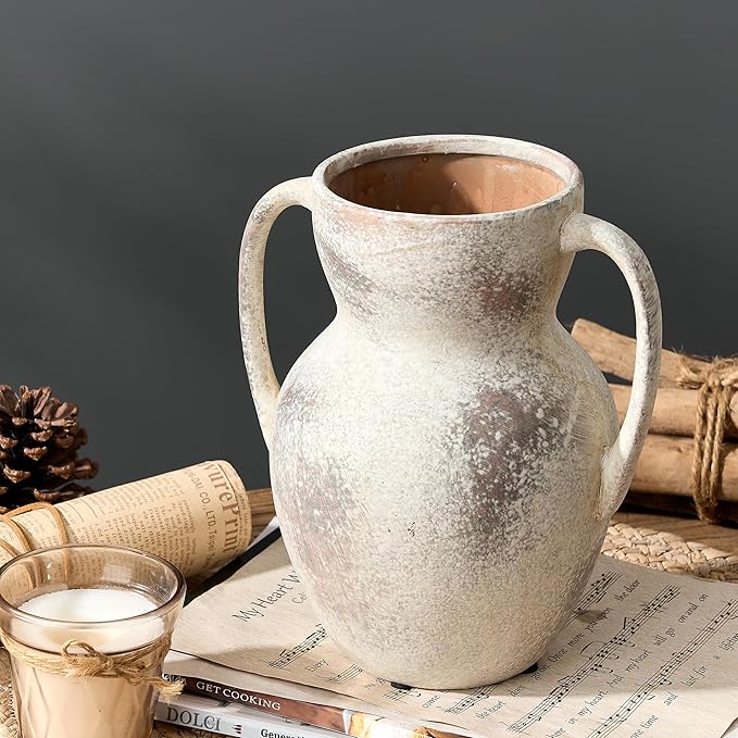 Antique Ceramic Rustic Vase with 2 Handles, Farmhouse Round Flower Vase, Vintage Terracotta Vases for Home Decor, Wedding, Living Room, Table, Shelf Decor - 8.6 Inch Tall, Terra