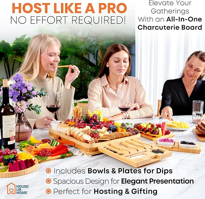 Large Bamboo Charcuterie Board Gift Set – 4 Hidden Drawers, Cheese Knives, Ceramic Bowls & Plates – Perfect Christmas, Holiday, or Housewarming Gift