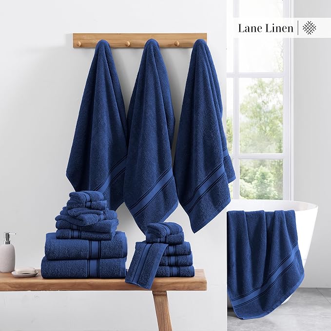 LANE LINEN Luxury Bath Towels Set - 3 Piece 100% Cotton Bathroom Towels, Quick Dry, Extra Aborbent, Super Soft Towels Set 1 Hand Towel, 1 Wash Cloths, 1 Bath Towel, Navy Blue